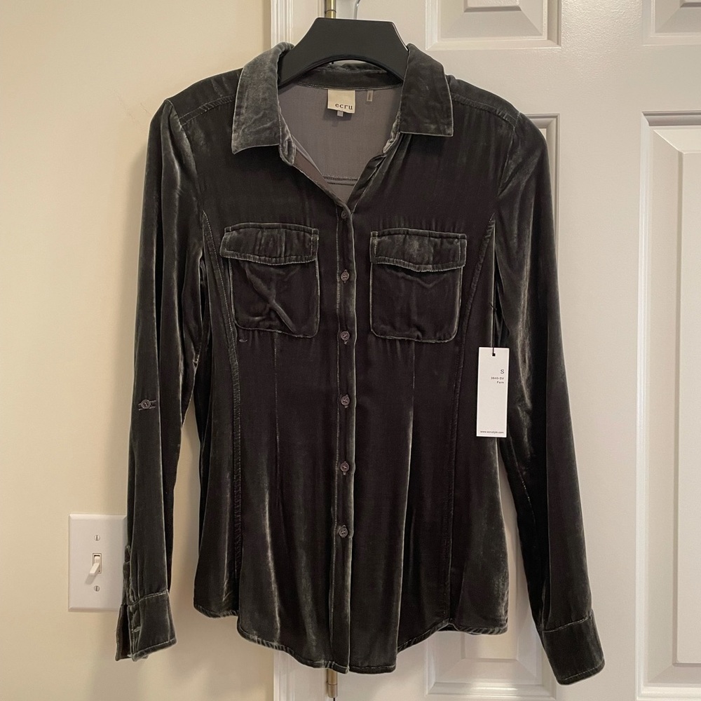 Velvet olive green button down shirt.